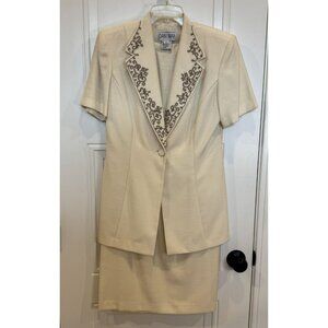 Vintage Dani Max Embroidered Skirt Suit Set Sz 6 Cream Beige Soutache Lapel EUC